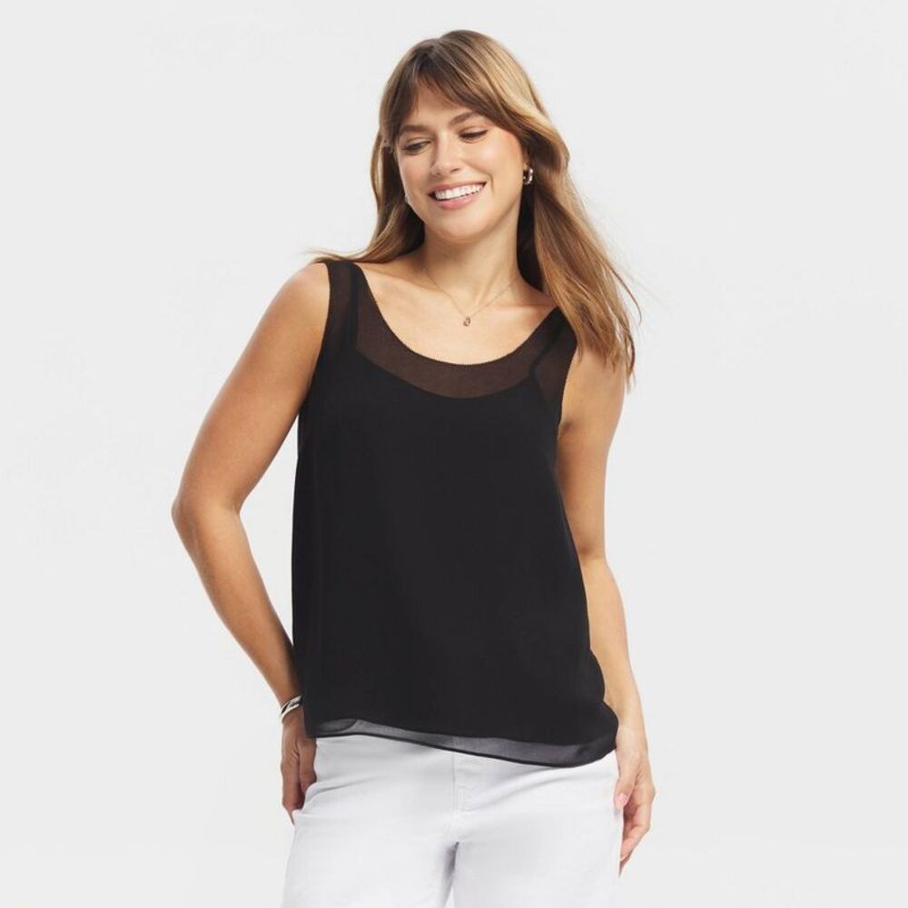 Women's Layered Chiffon Tank Top - A New Day Black XS